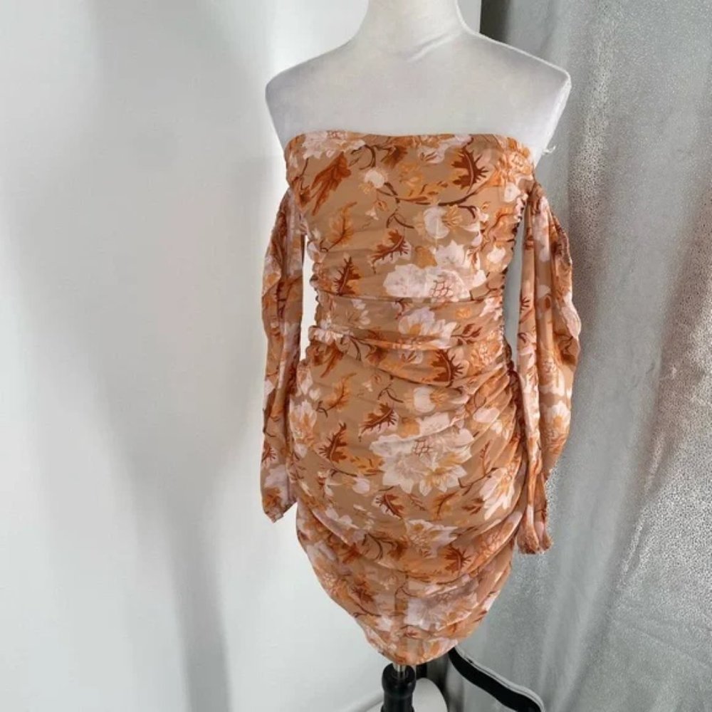 Brown Floral Print Long Sleeve Off Shoulder Ruched Bodycon Mini Dress - Picture 9 of 11